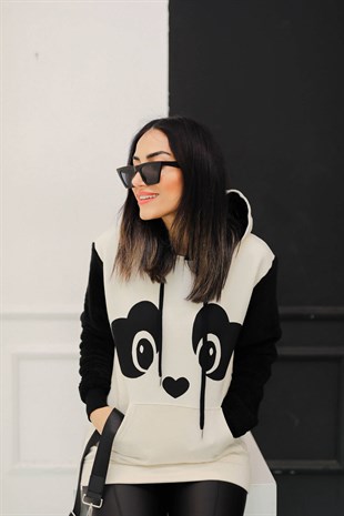 Panda Baskılı Kolları Peluş Sweatshirt